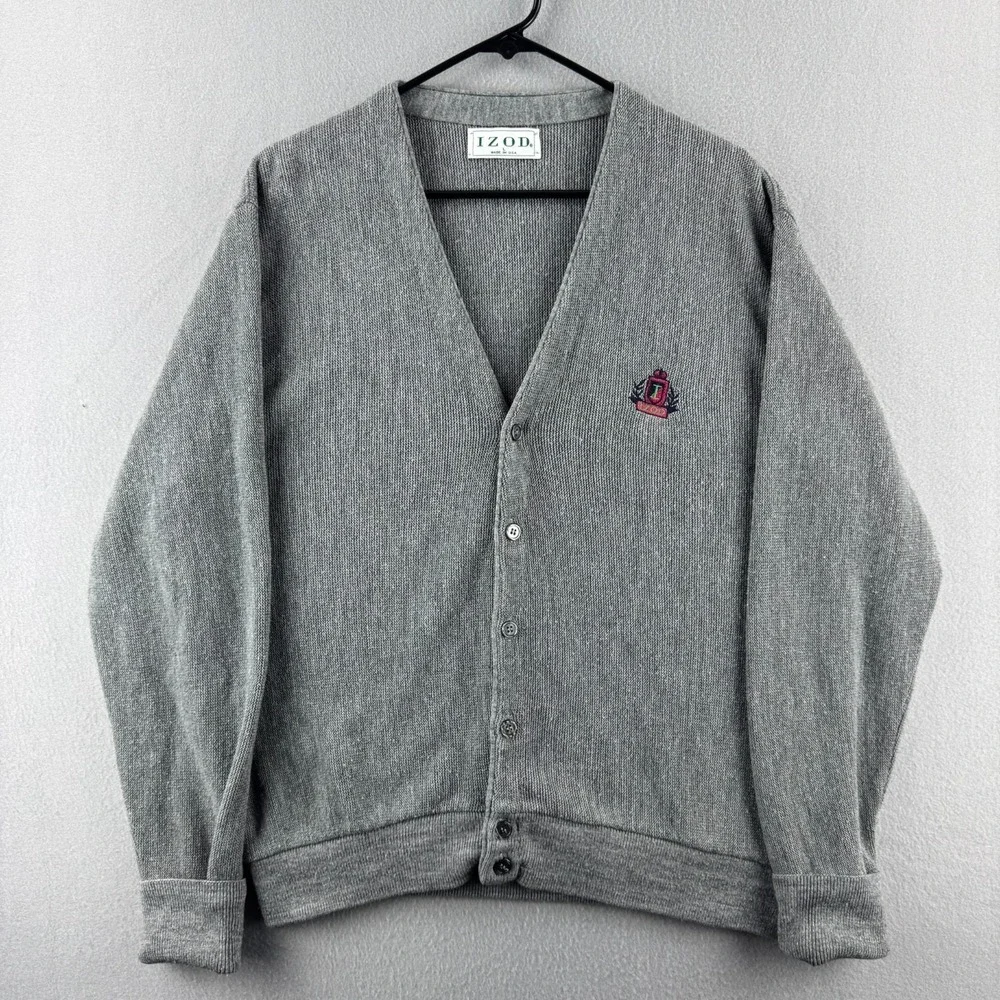 Vintage Izod Cardigan Sweater Mens Large Gray Acrylic Button Up 80s Made in USA